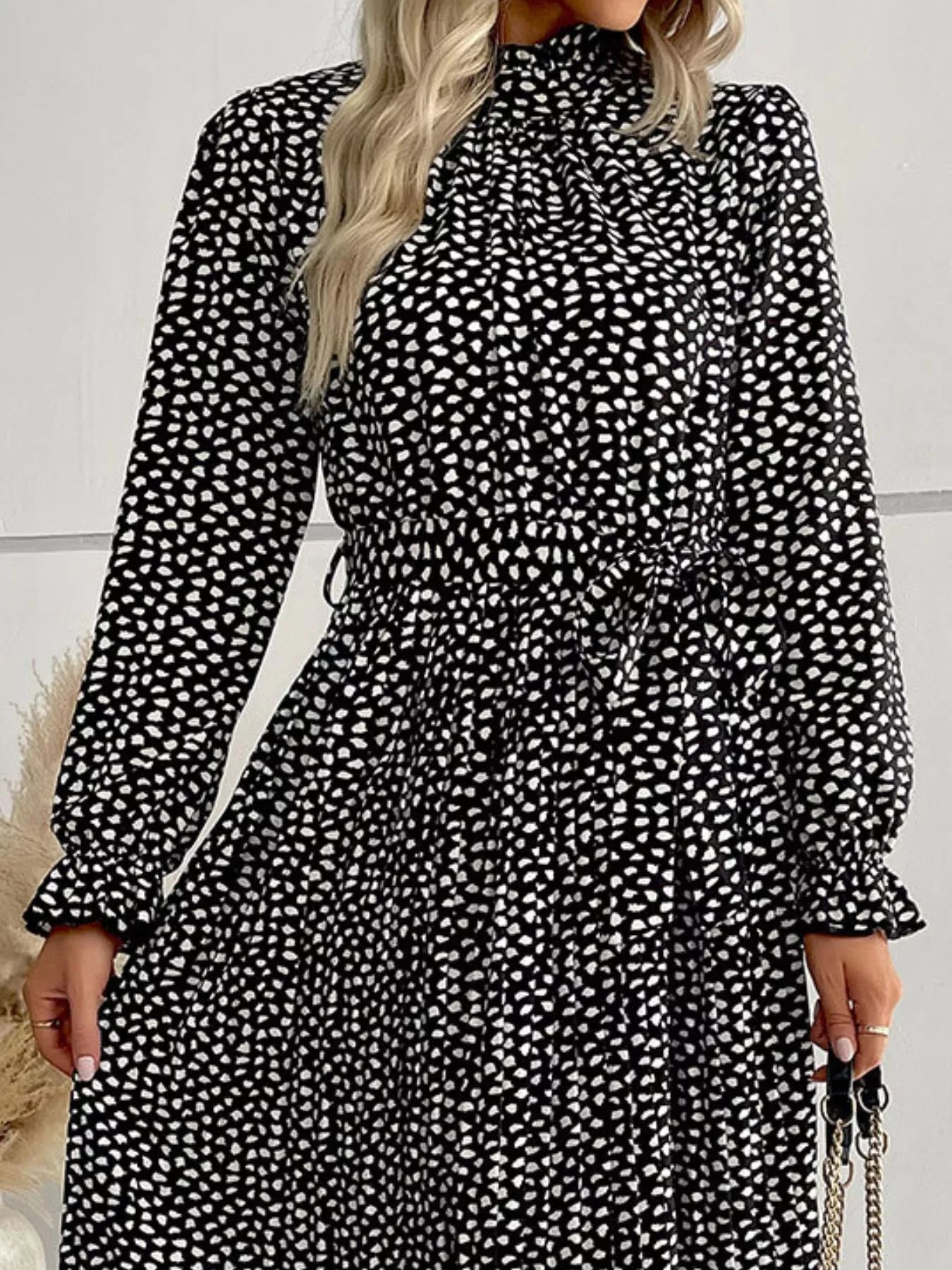 Animal Print Mock Neck Flounce Sleeve Dress