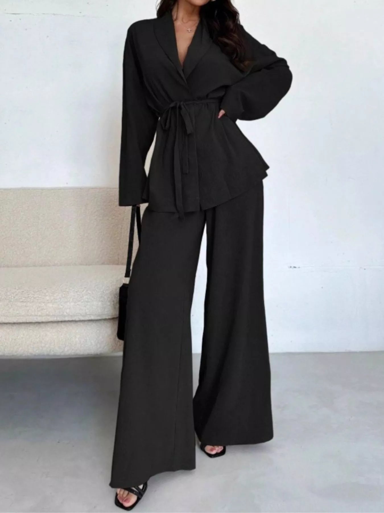 Front Tied Shirt and Wide-Leg Pants Set