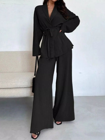 Front Tied Shirt and Wide-Leg Pants Set