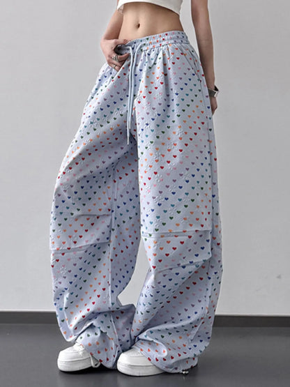 Heart Print Drawstring Wide Leg Pants