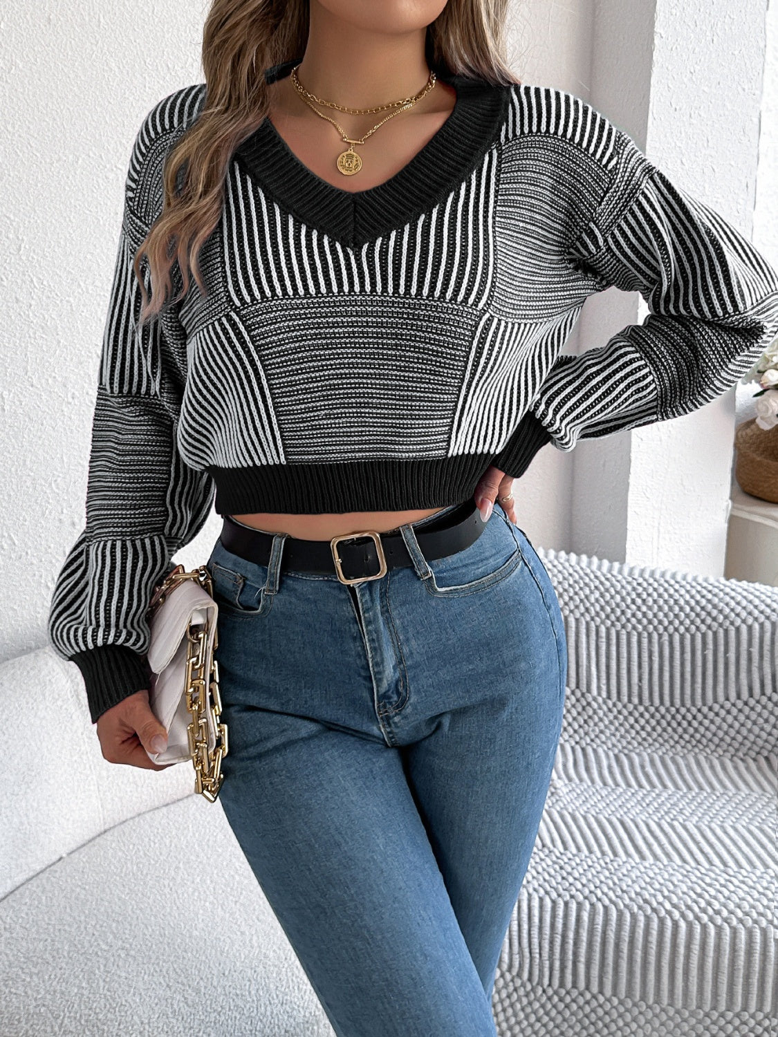 Striped V-Neck Long Sleeve Sweater Black
