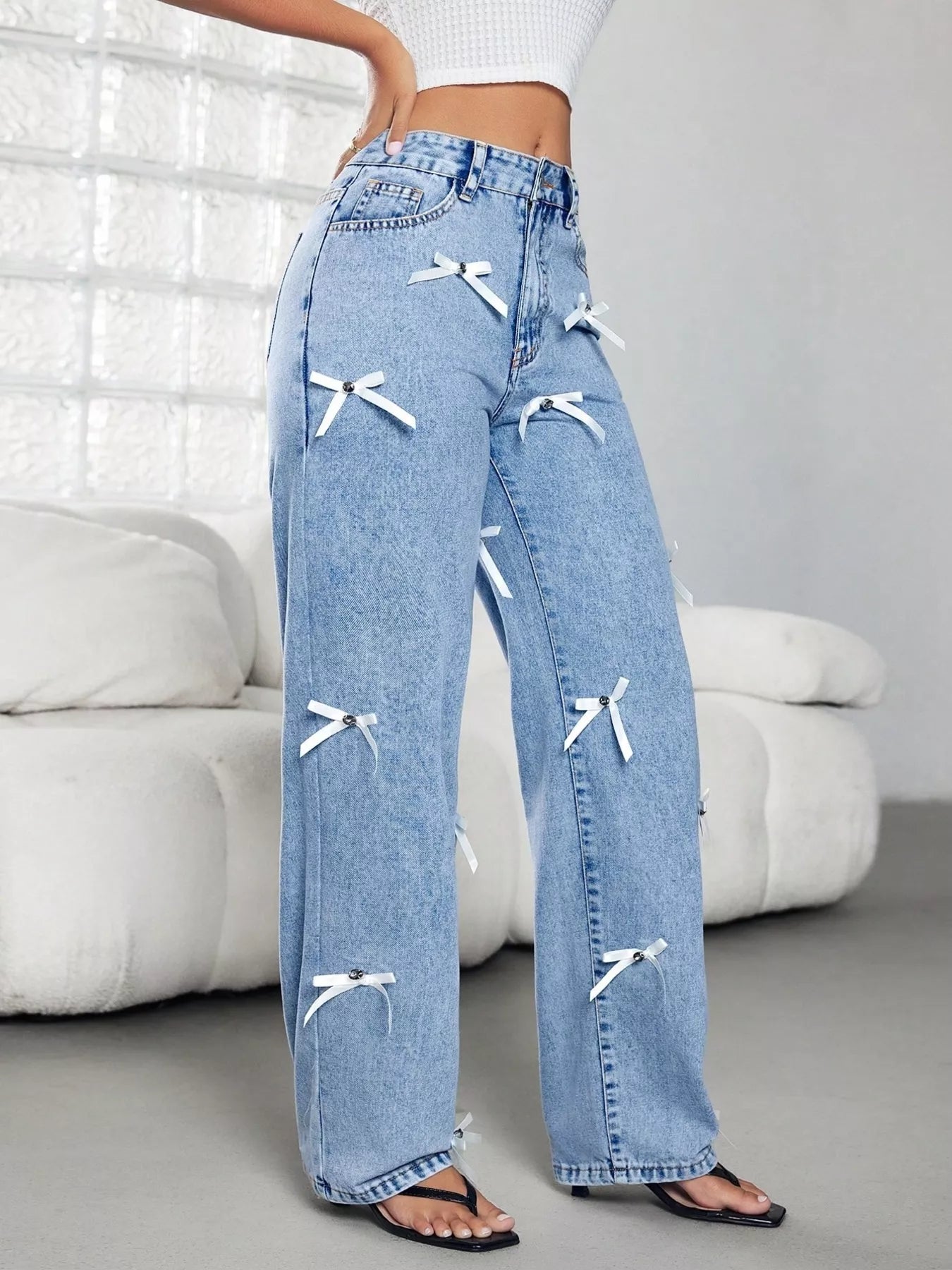 Bow Decor High Waist Wide Leg Jeans Blue