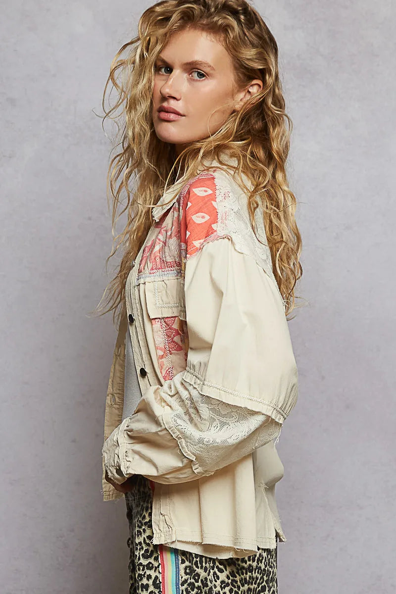 POL Printed Woven Mix Raw Hem Jacket with Lace Detail