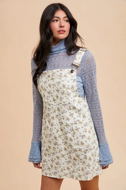 Annie Wear Stretch Ditsy Print Denim Overall Mini Dress IVORY