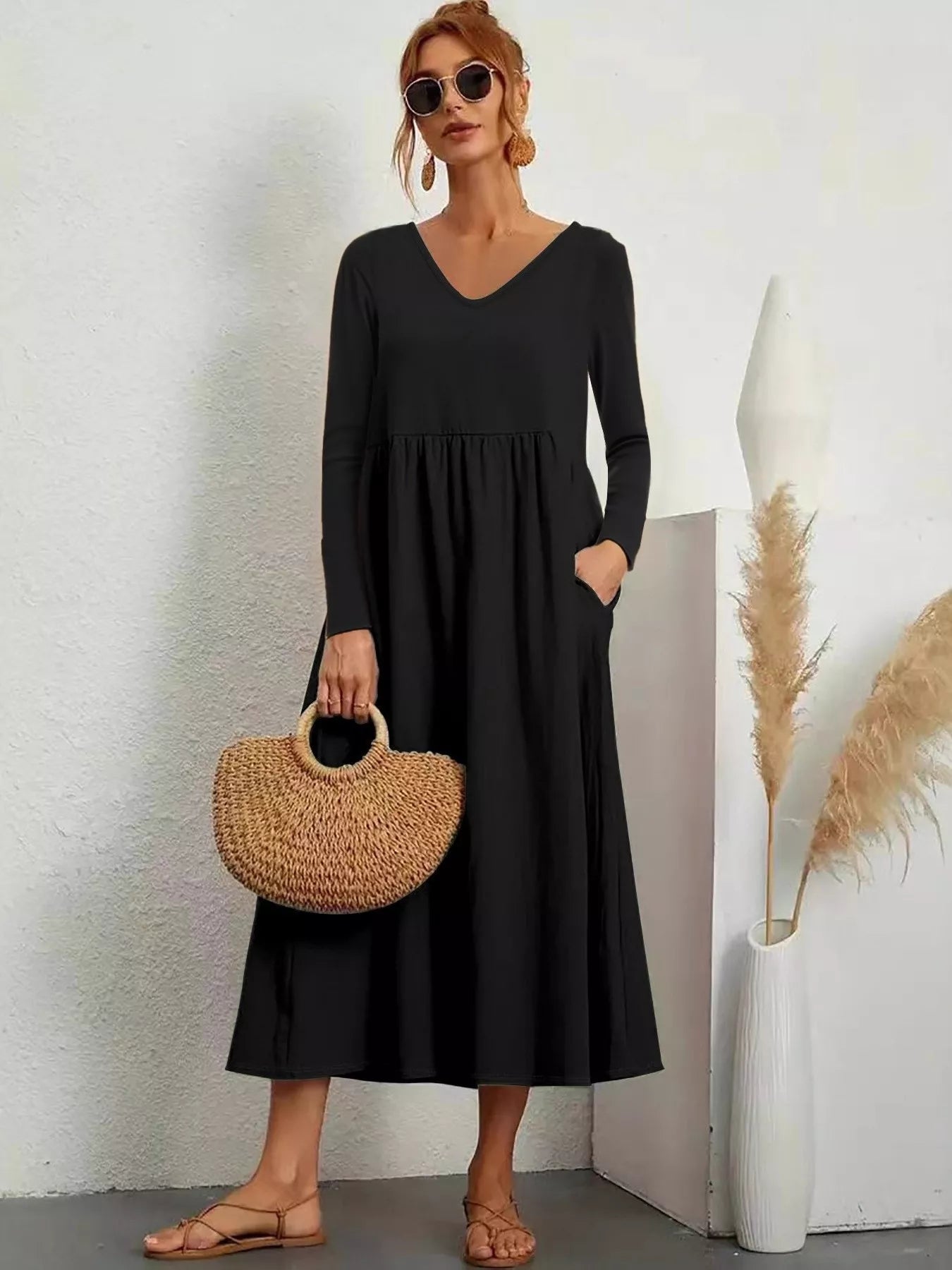 V-Neck Long Sleeve Midi Dress Black