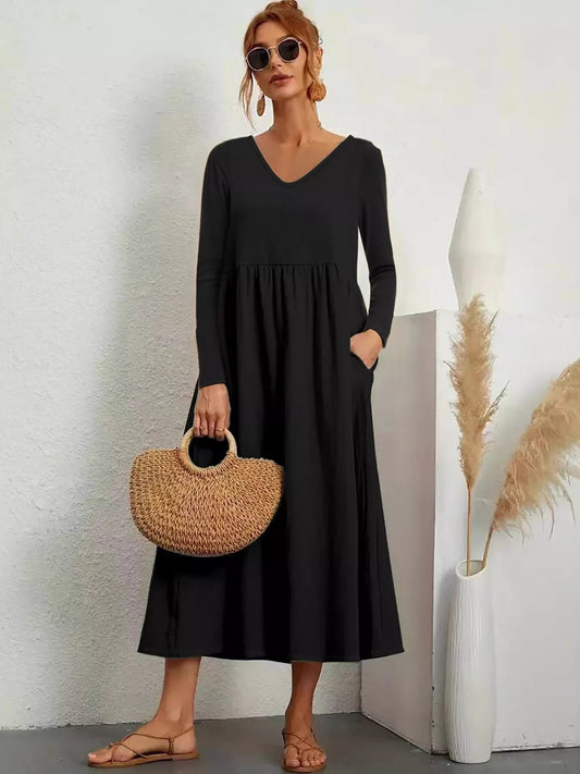 V-Neck Long Sleeve Midi Dress Black