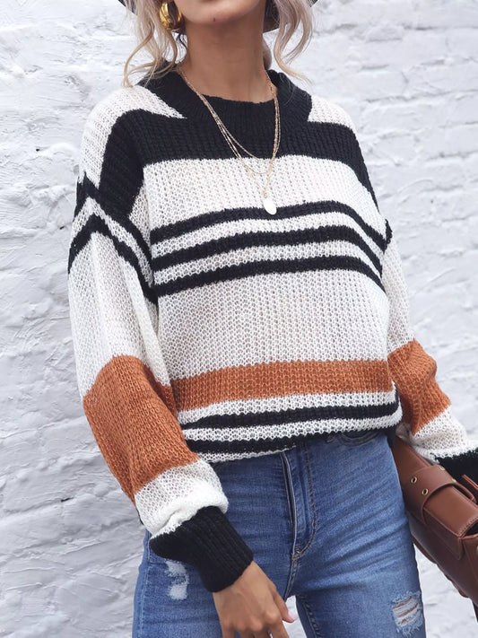 Striped Round Neck Knit Sweaer Beige