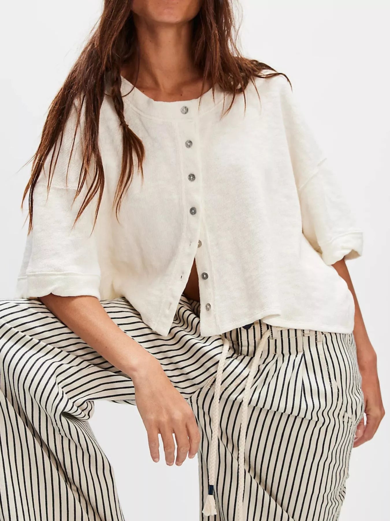 Button-Front Half Sleeve Cardigan White