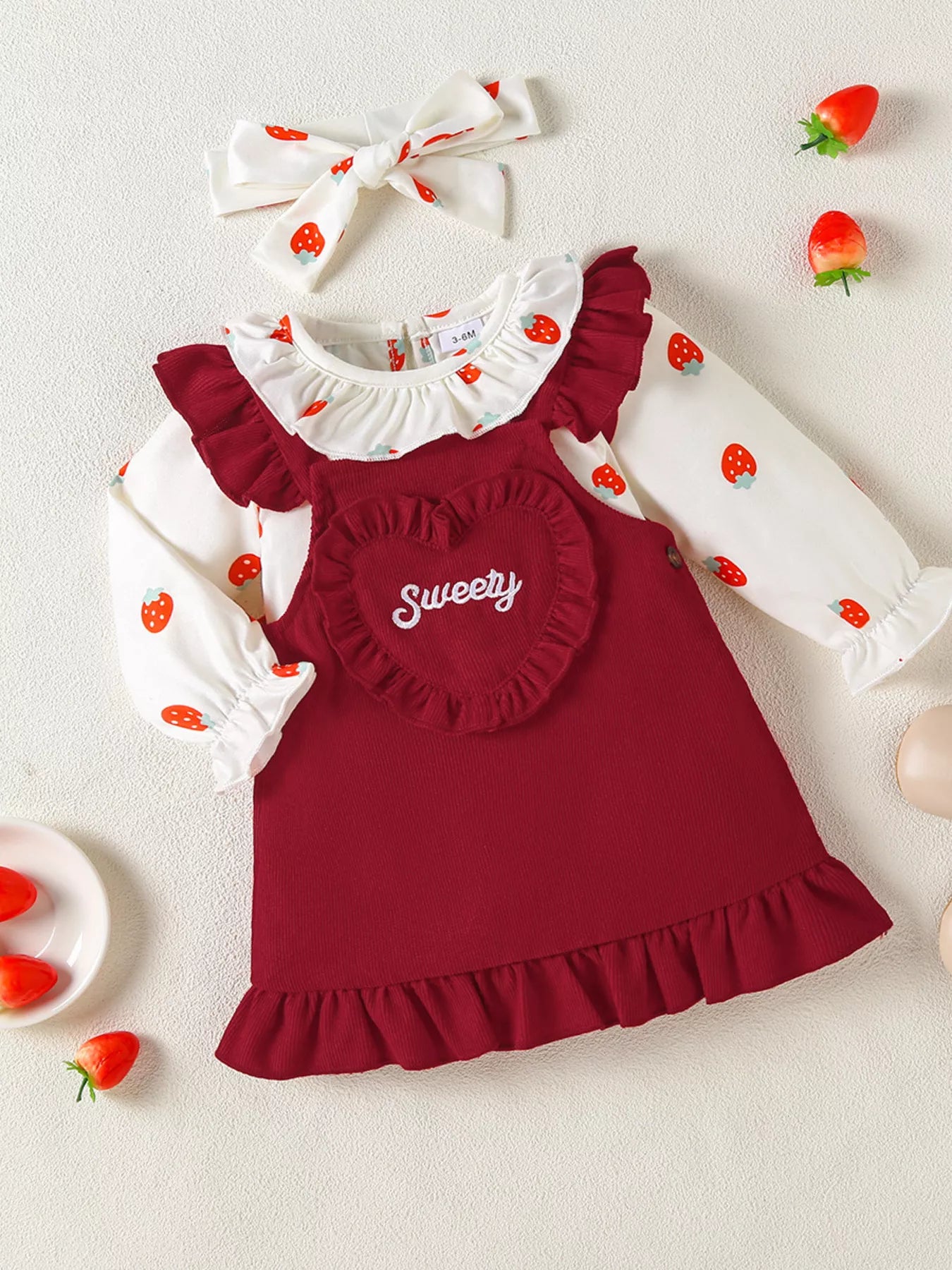 Children's Ruffled Bodysuit and Heart Decor Dress Set with Headband