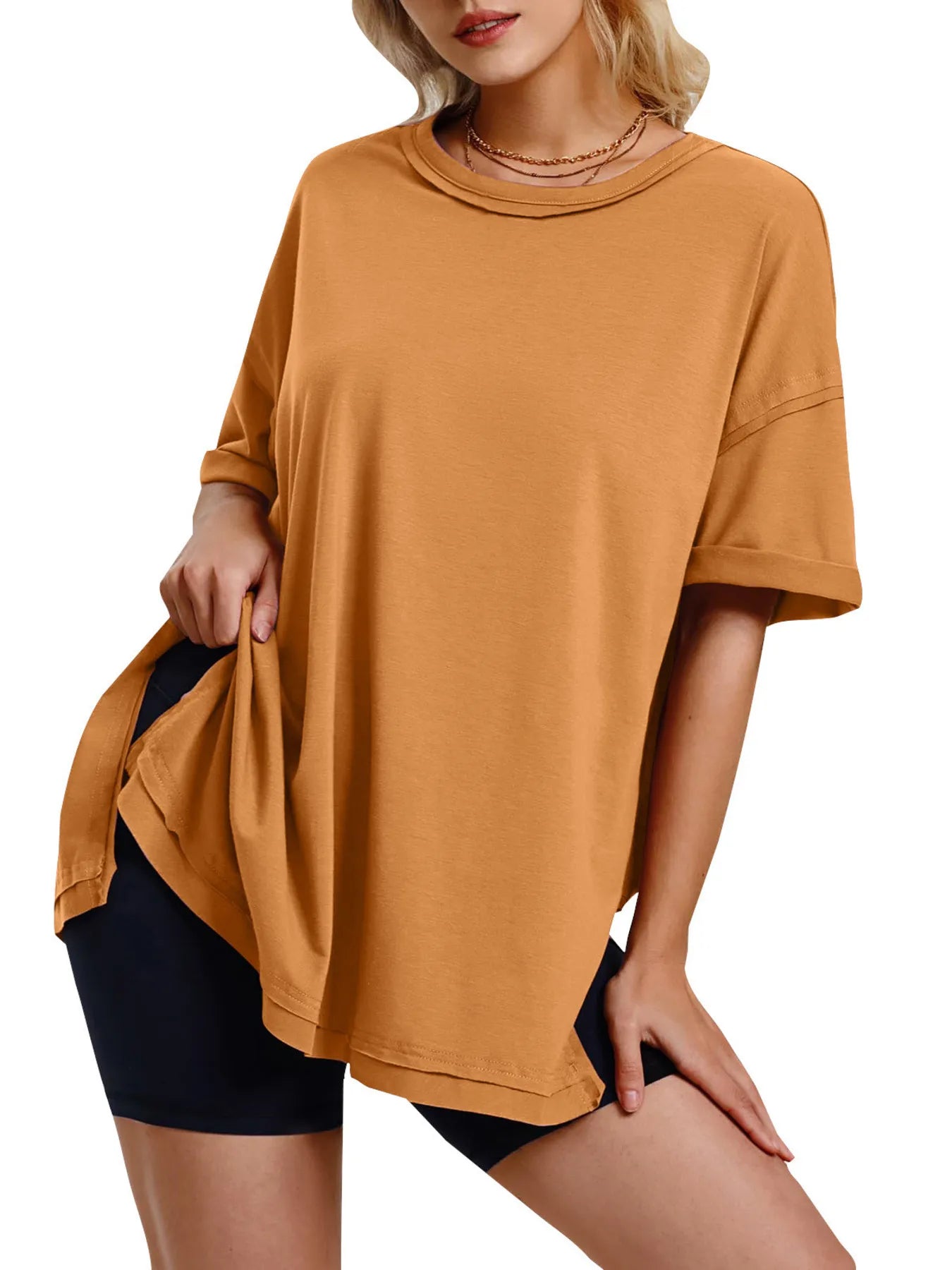 Full Size Oversized Drop Shoulder Side Slit T-Shirt Plus Size Ochre