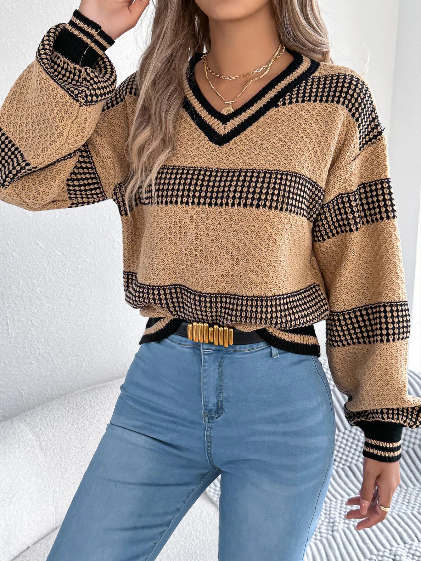Contrast Striped V-Neck Sweater