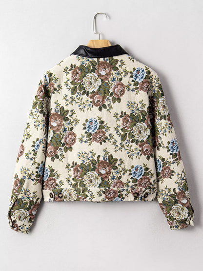 Floral Print Zip Up Contrast Collared Jacket