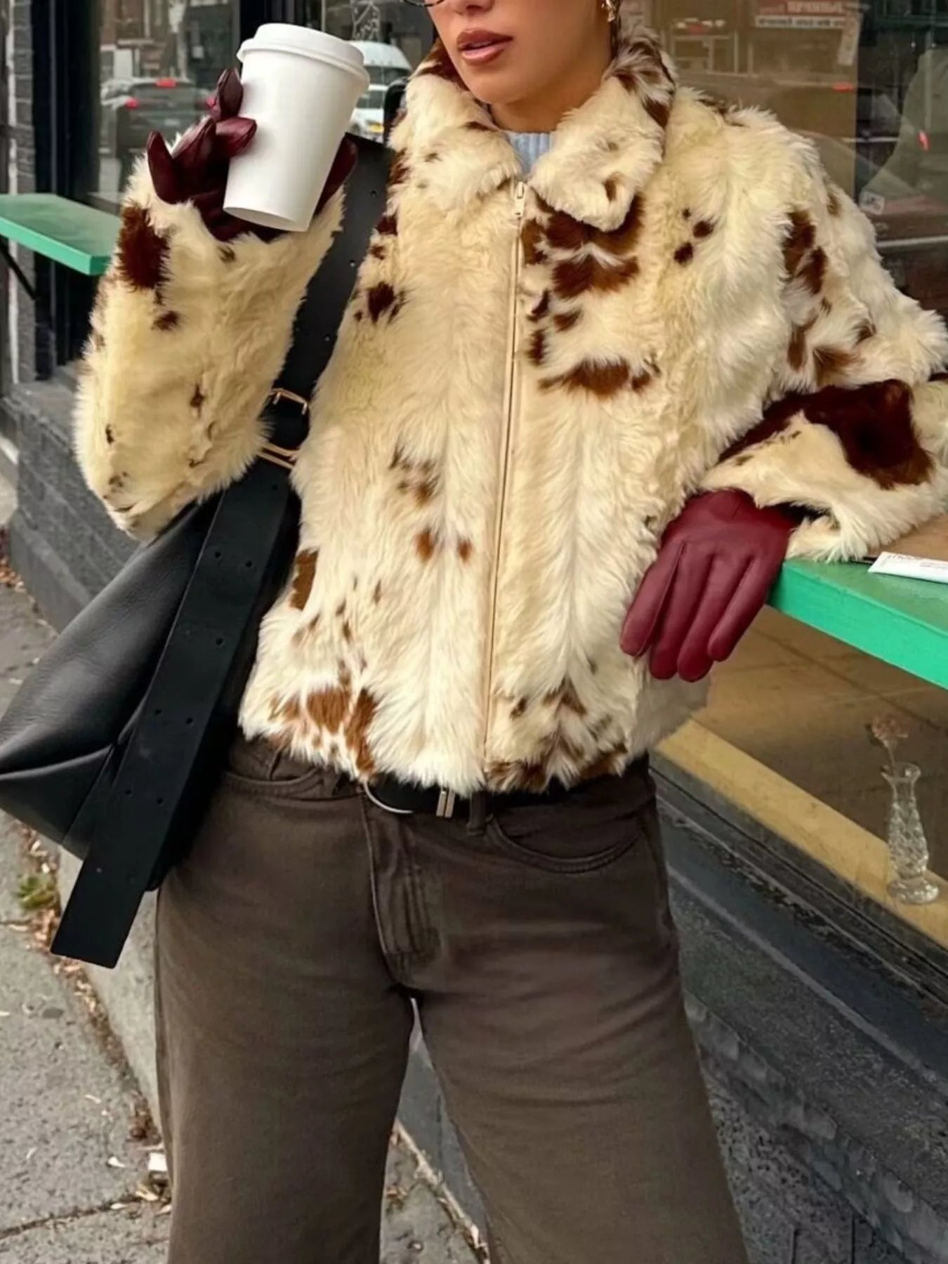 Faux Fur Zip Up Cropped Outerwear Beige