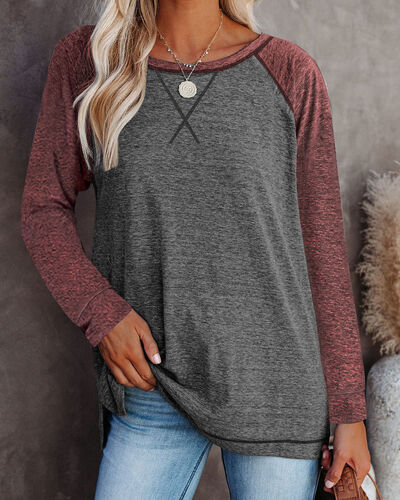 Round Neck Long Sleeve T-Shirt Gray Red