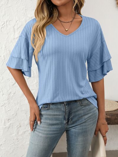Mandy V-Neck Ruffle Half Sleeve Top Light Blue