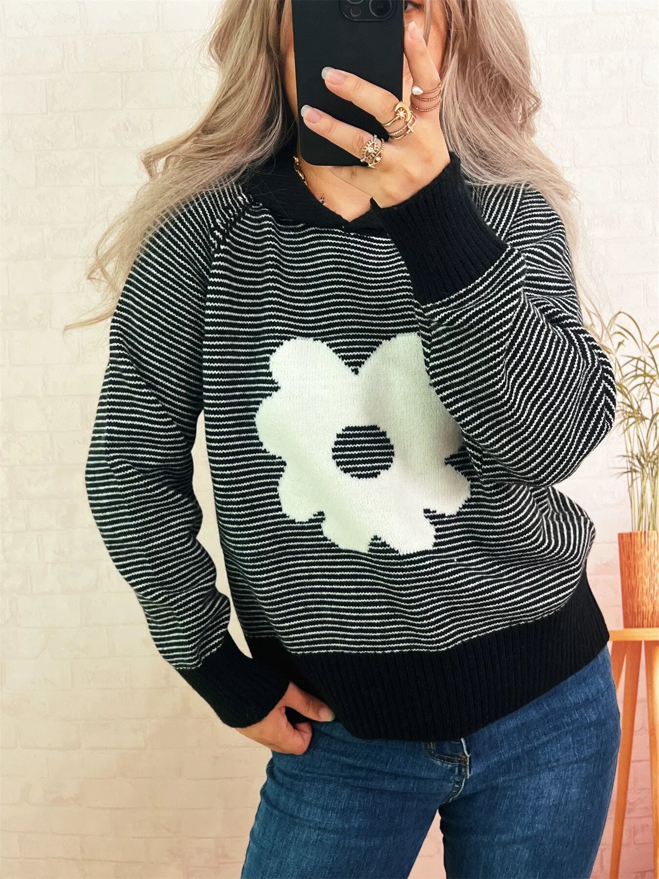 Striped Flower Raglan Sleeve Sweater