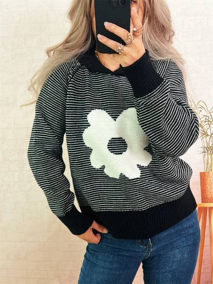 Striped Flower Raglan Sleeve Sweater