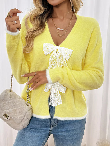 Lace Bow-Tie Front Long Sleeve Cardigan