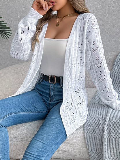 Openwork Open Front Long Sleeve Cardigan White