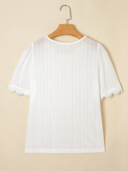 Scalloped Lace Trim Jacquard Textured T Shirt