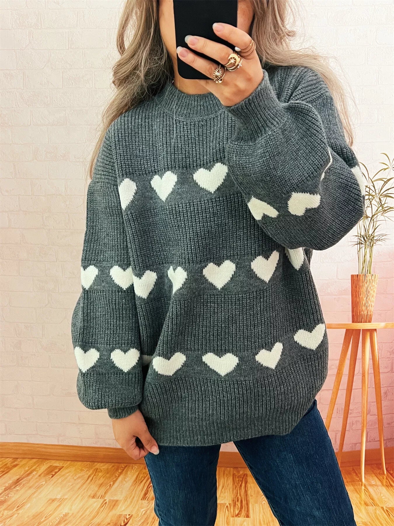 Heart Pattern Dropped Shoulder Sweater Gray One Size