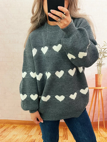 Heart Pattern Dropped Shoulder Sweater Gray One Size