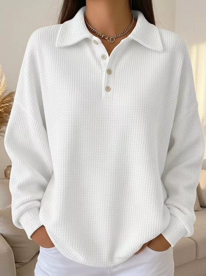 Full Size Waffle Knit Button Detail Sweatshirt Plus Size Gray white
