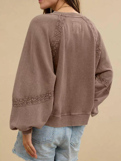 Lace Detail Notched Long Sleeve Sweatshirt