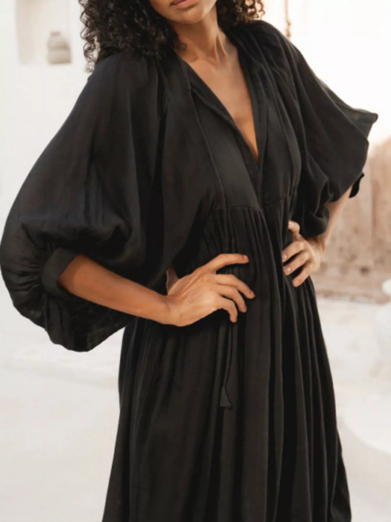 Tie Neck 3/4 Sleeve Midi Dress