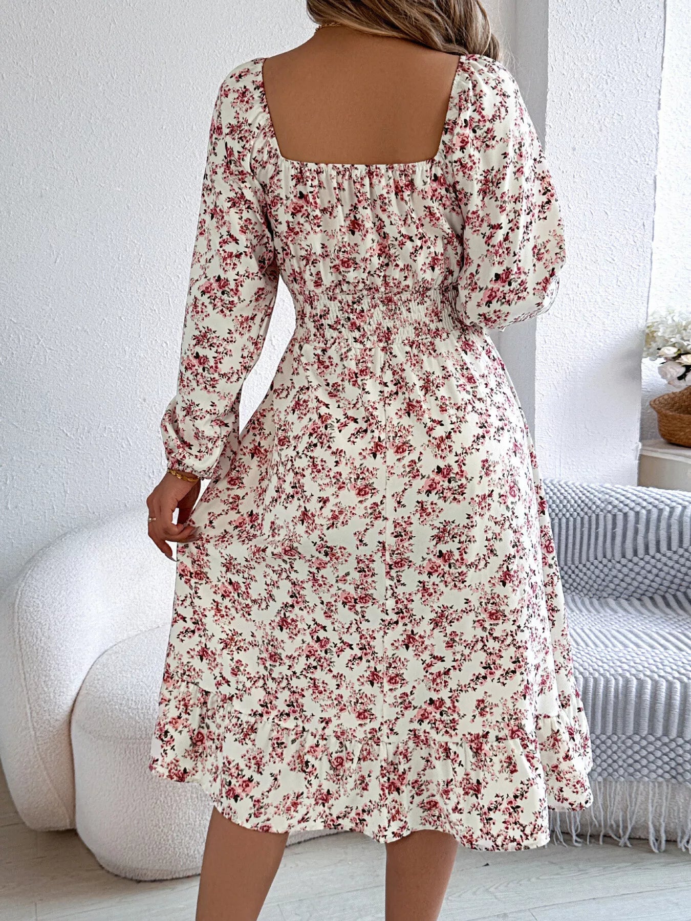 Floral Print Long Sleeve Square Neck Midi Dress