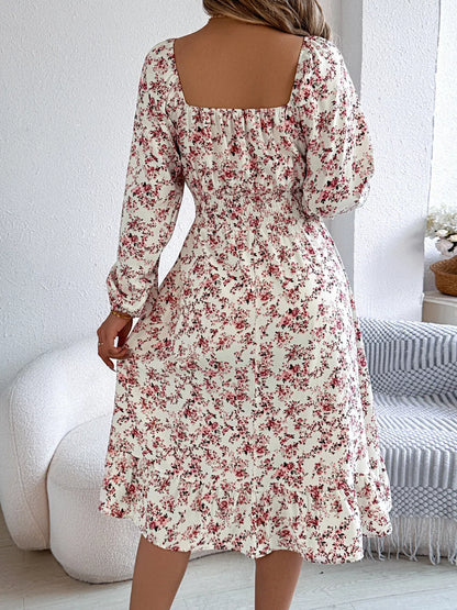 Floral Print Long Sleeve Square Neck Midi Dress