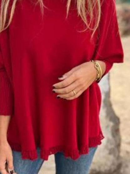 Full Size Round Neck Long Sleeve Knit Top with Lace Trim Plus Size