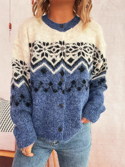 Christmas Button Up Drop Shoulder Cardigan Dusty Blue One Size