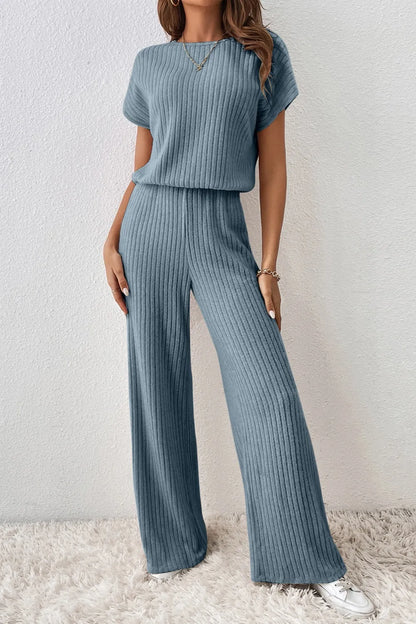 Ribbed Short Sleeve Wide Leg Jumpsuit Dark Gray