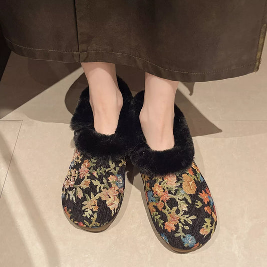 Floral Pattern Plush Lined Slip-Ons Black