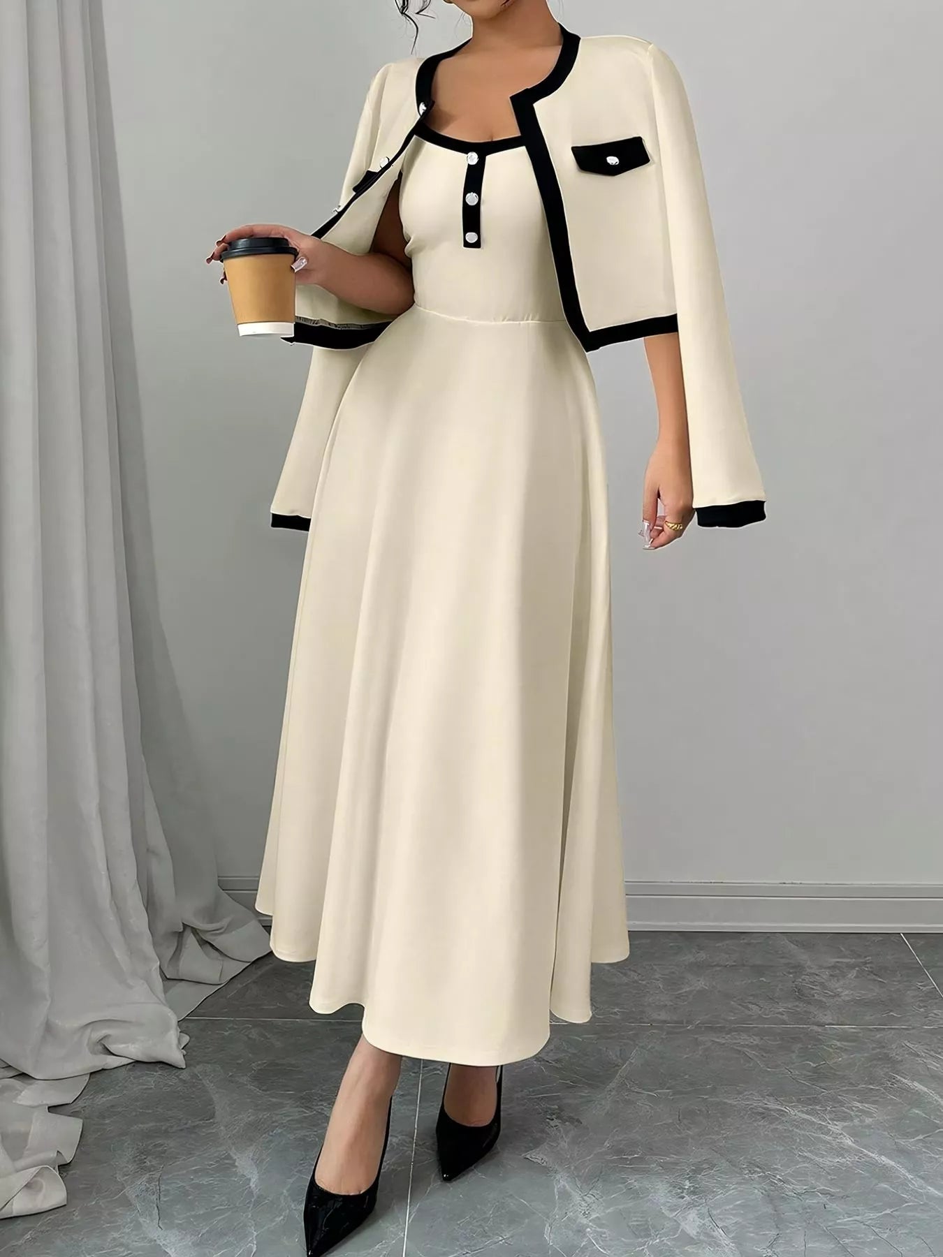 Contrast Trim Maxi Dress and Cropped Cardigan Set