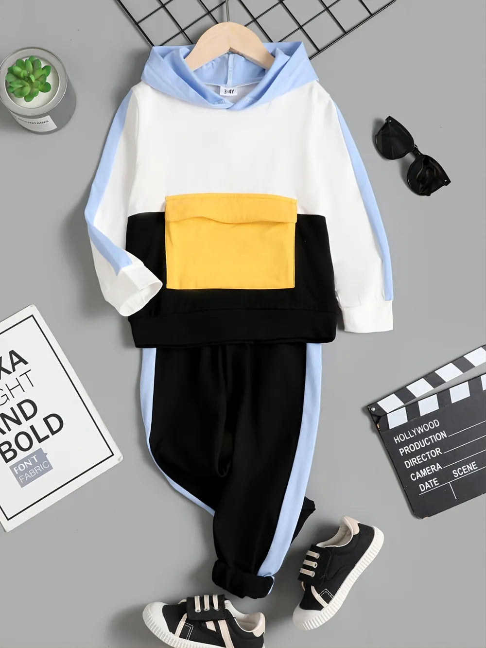 Children's Color Block Hoodie and Pants Set Black
