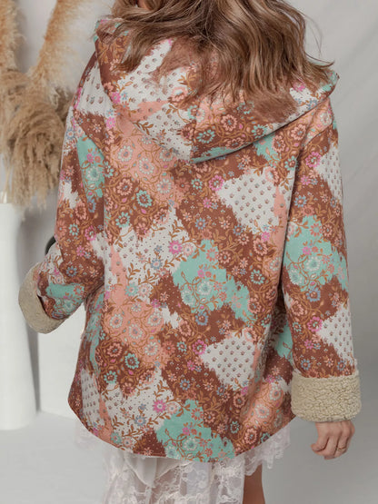 Floral Printed Sherpa Lined Hooded Jacket