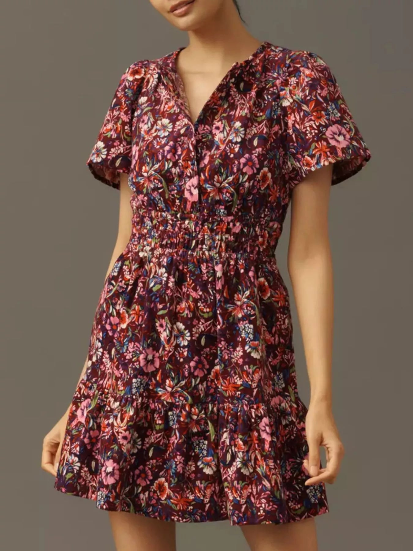 Printed Notched Short Sleeve Dress Floral