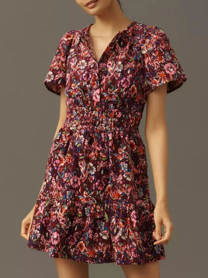 Printed Notched Short Sleeve Dress Floral