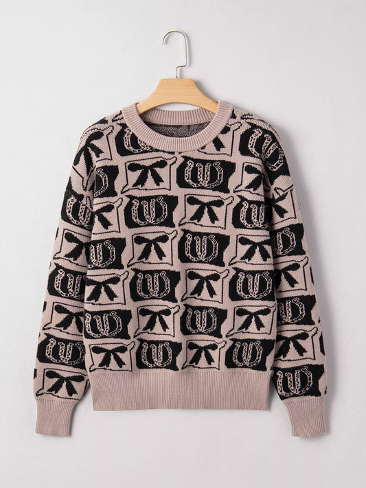 Bows & Horseshoes Pattern Round Neck Sweater