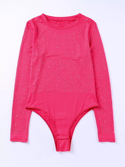 Rhinestone Round Neck Long Sleeve Bodysuit