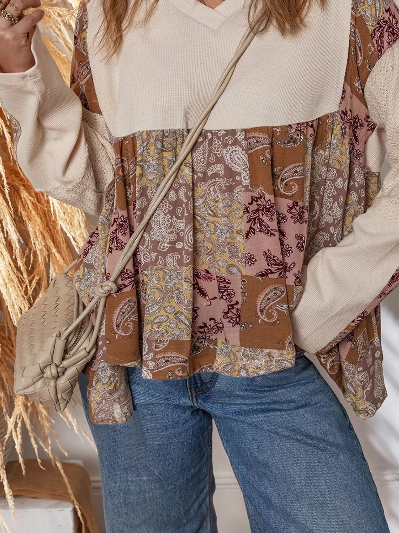 Paisley Ethnic Print Contrast Patchwork Long Sleeve Loose Top Beige