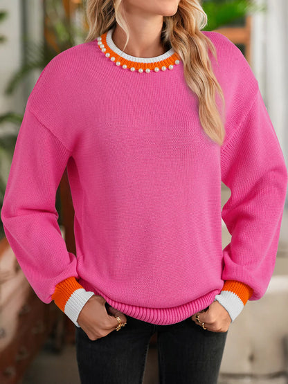 Contrast Crew Neck Pearled Decor Drop Shoulder Knit Sweater