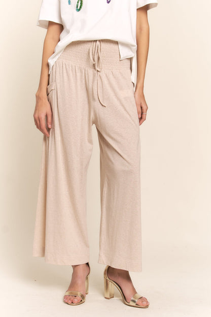 J.NNA Smocked Waist Boho Wide Leg Pants with Pockets Light Beige