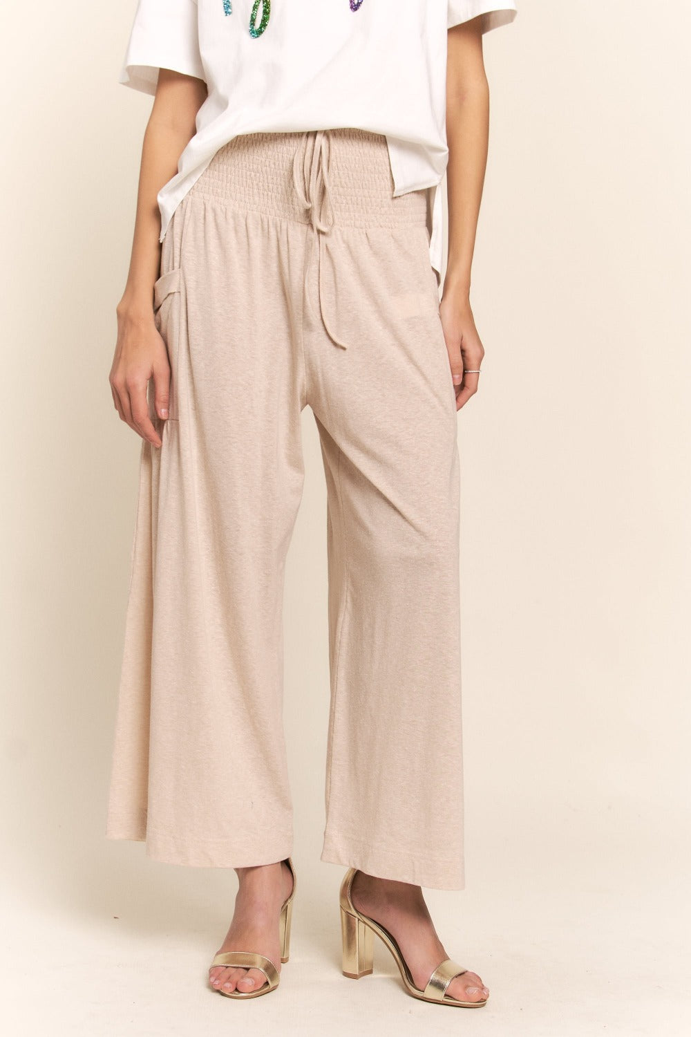 J.NNA Smocked Waist Boho Wide Leg Pants with Pockets Light Beige