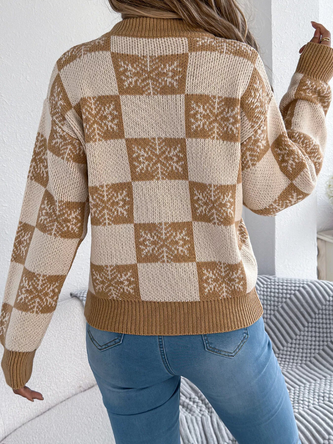 Christmas Snowflake Checkered Round Neck Sweater