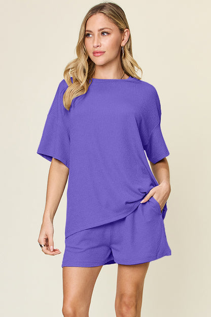 Slightly Stretchy Round Neck T-Shirt & Shorts Set Light Indigo