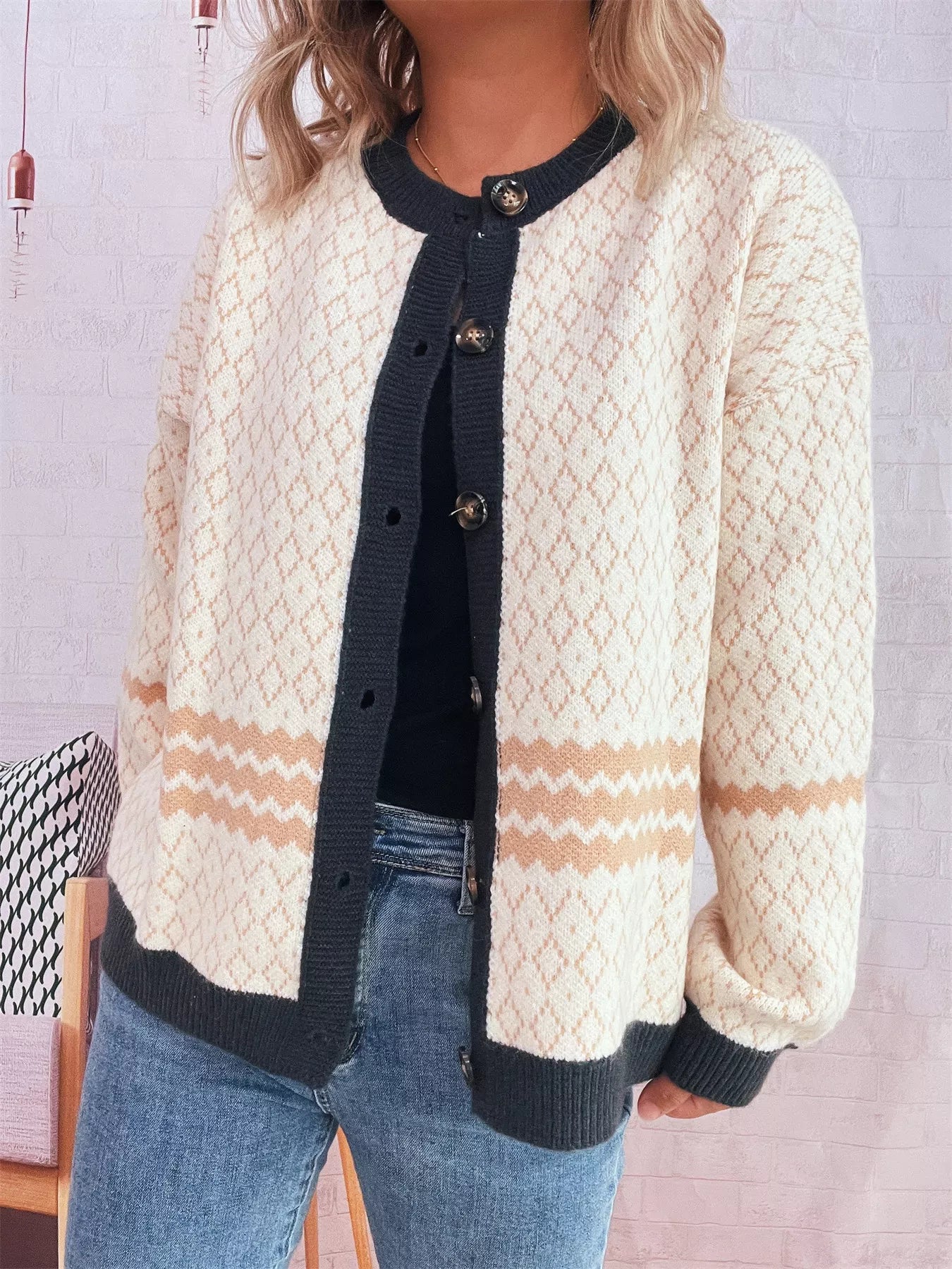 Geometric Pattern Button Up Cardigan Pink One Size