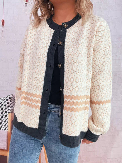 Geometric Pattern Button Up Cardigan Pink One Size